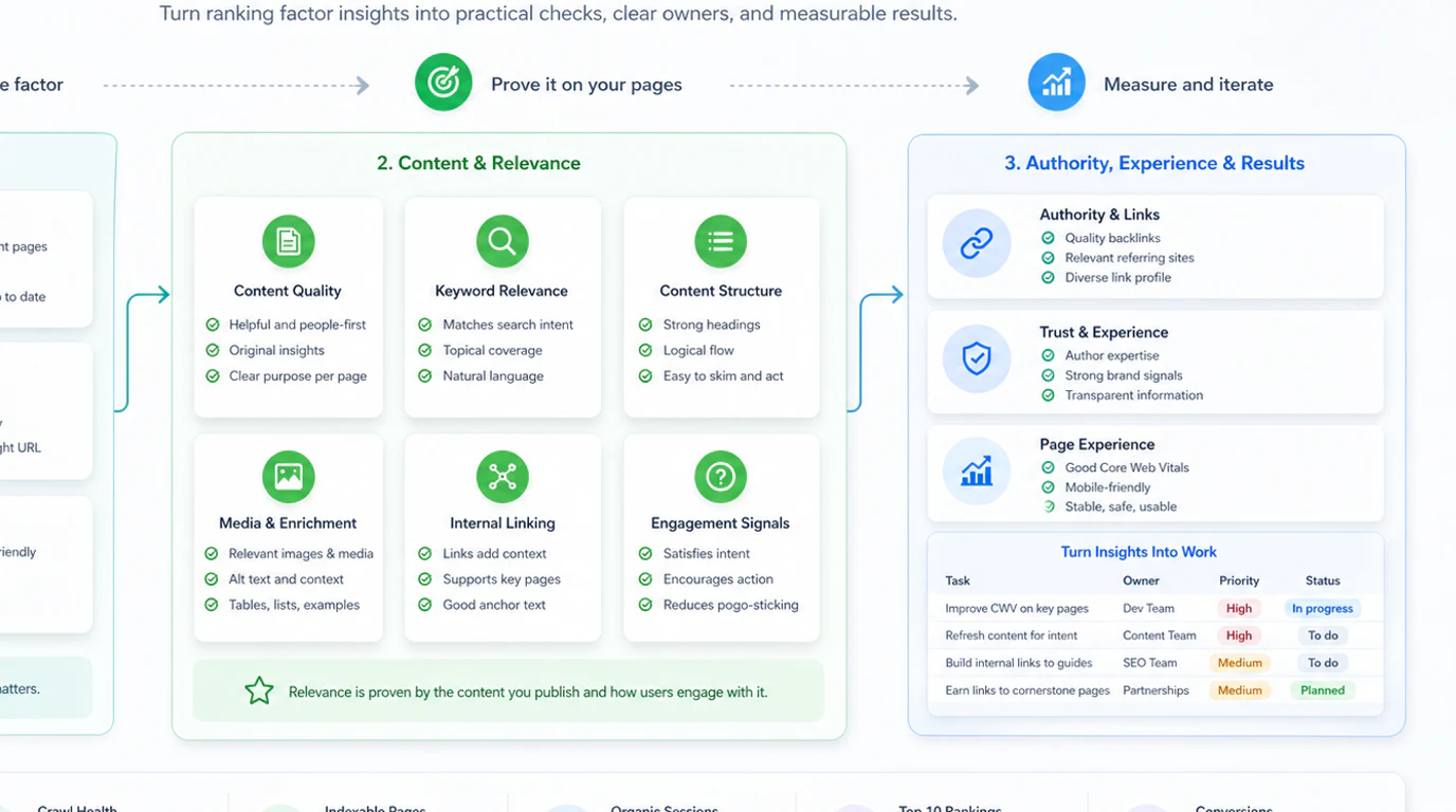 Ranking signal validation loop from query task to page evidence, crawl checks, trust signals, review window, and queue updates