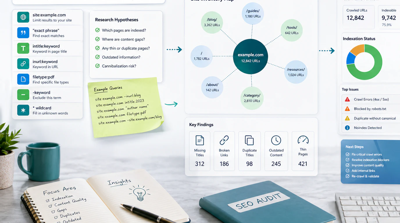 A map connecting Google search operators to SEO audit jobs and follow-up actions
