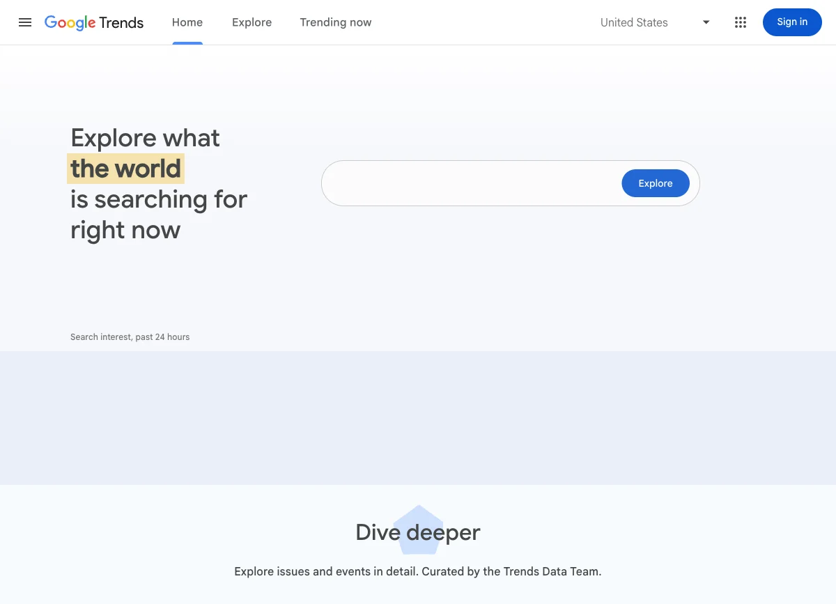 Google Trends public homepage showing the Explore entry point for search interest research
