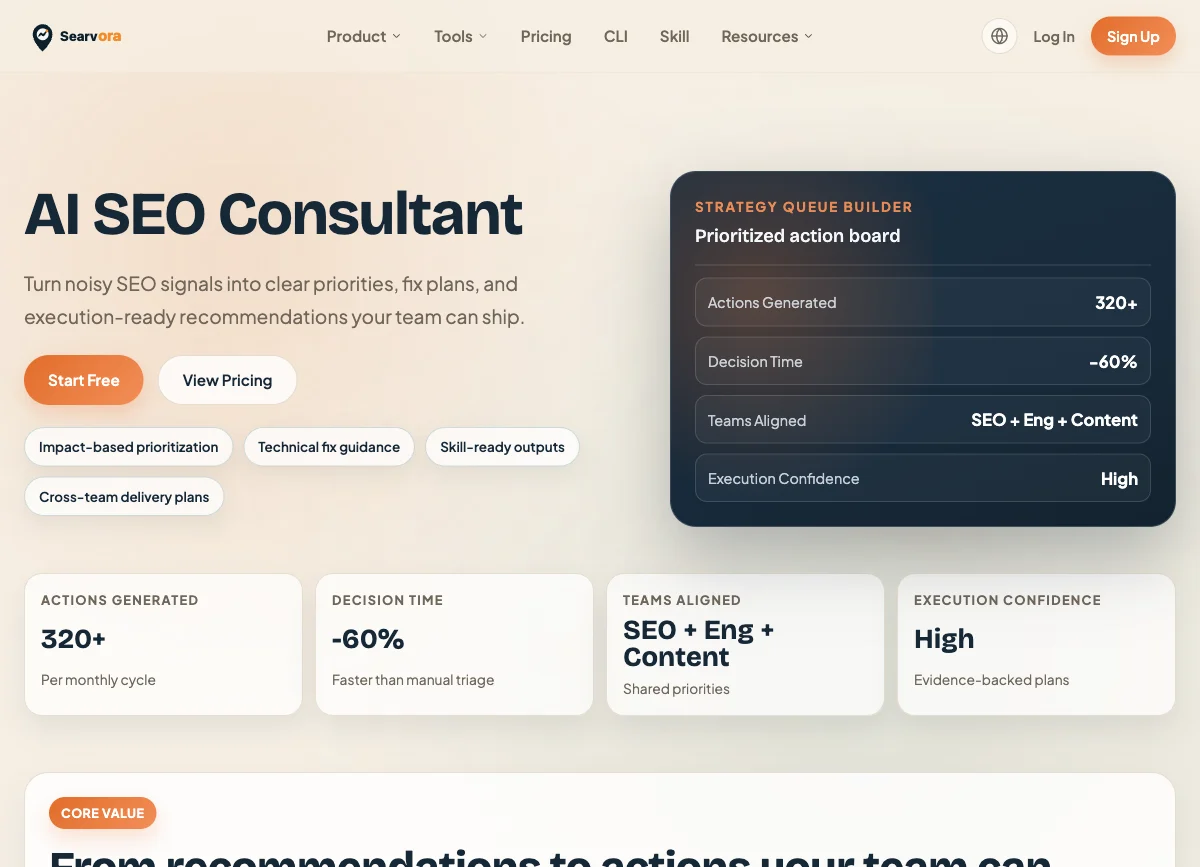 Searvora AI SEO Consultant public page showing a prioritized action board for SEO planning