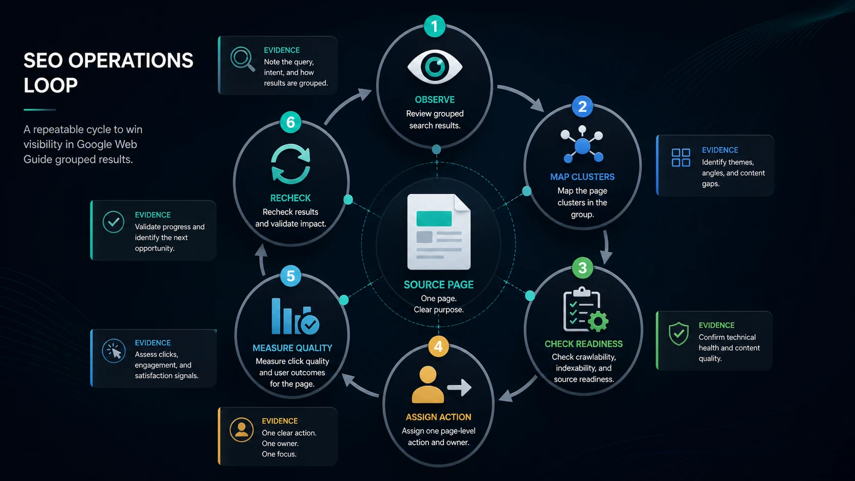 SEO operations loop for observing Web Guide, mapping clusters, checking readiness, assigning action, measuring quality, and rechecking