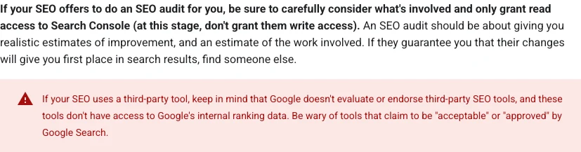Google guidance warning buyers about first-place SEO guarantees and unsupported third-party tool claims