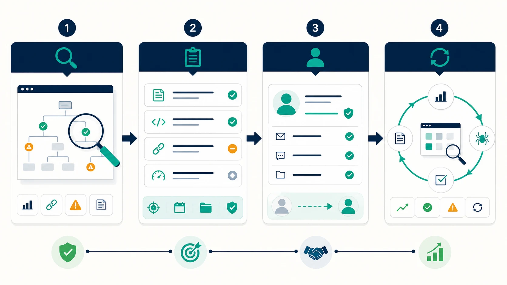Workflow from SEO evidence review to scoped deliverables, owner handoff, and validation