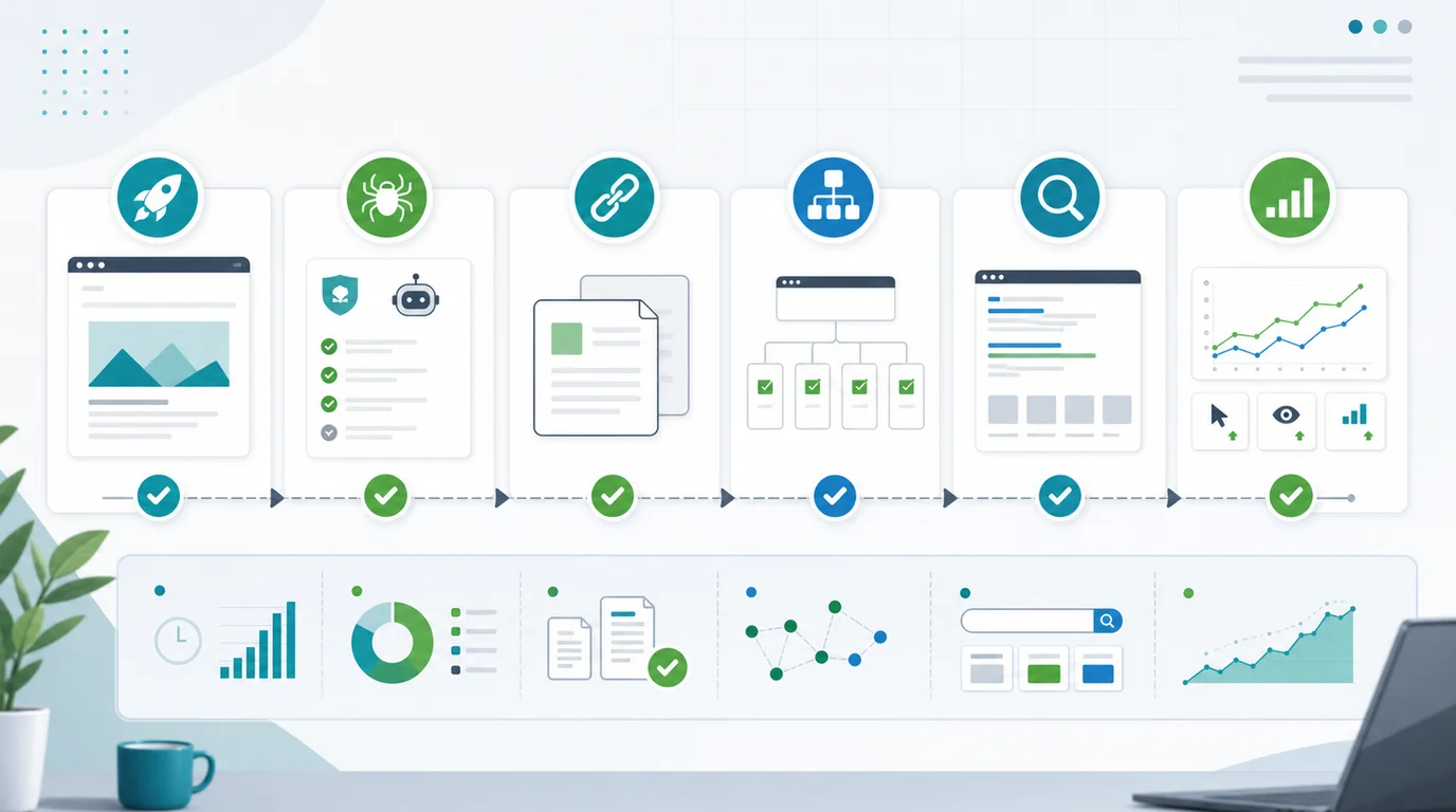 Workflow showing a new SEO page moving through crawl access, indexable canonical signals, internal links, snippet eligibility, and leading indicators