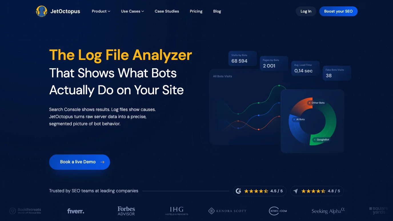 Official JetOctopus Log Analyzer page showing bot behavior and crawl-frequency evidence