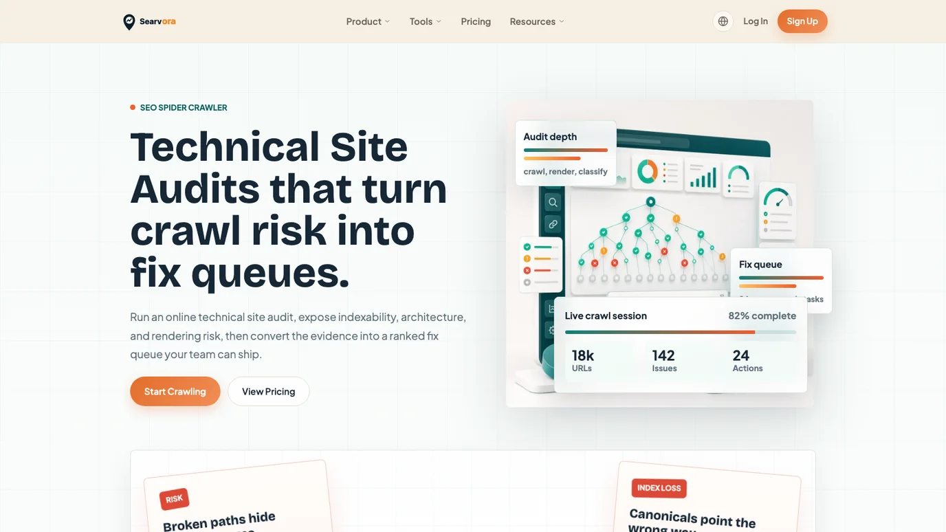 Searvora SEO Spider Crawler page showing crawl evidence converted into a prioritized fix queue