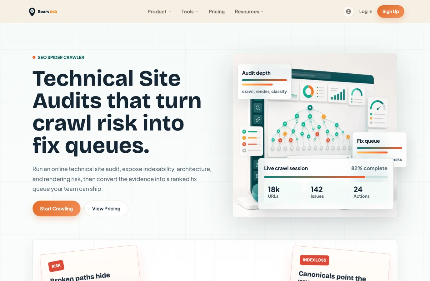 Local Searvora SEO Spider Crawler page showing crawl evidence and a fix queue workflow
