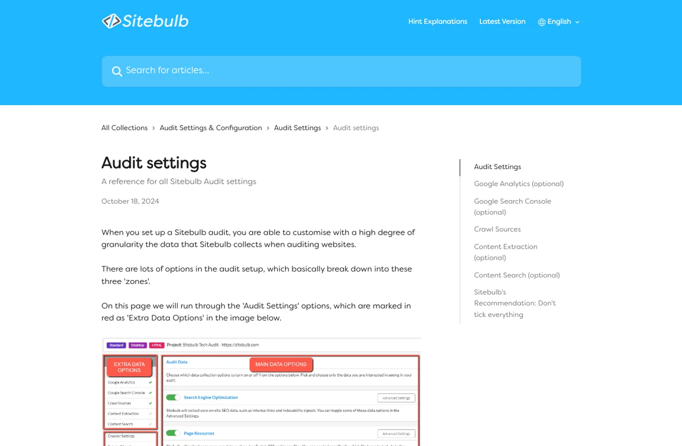 Official Sitebulb audit settings documentation showing crawl configuration and optional data sources