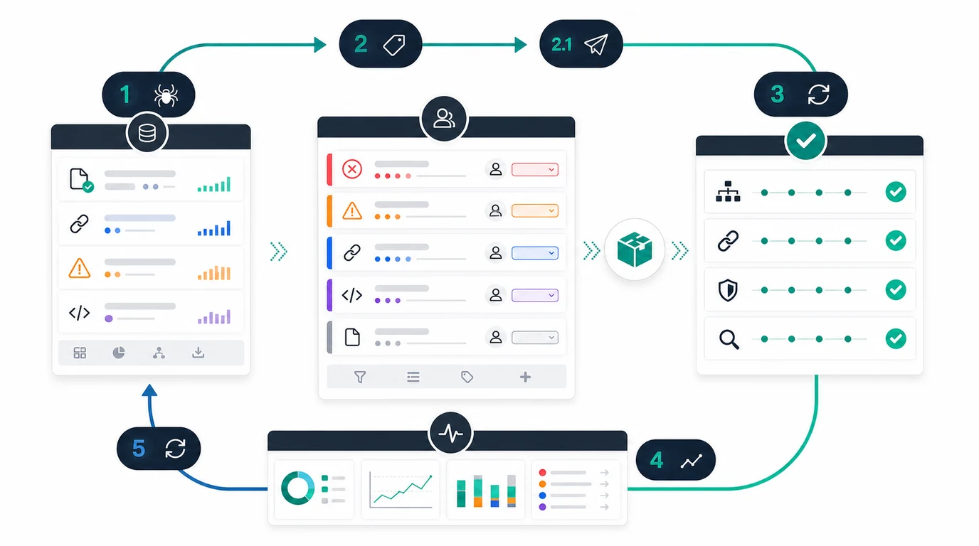 Large-site crawl validation loop from baseline crawl to owner handoff, release batch, recrawl, sitemap checks, and monitoring