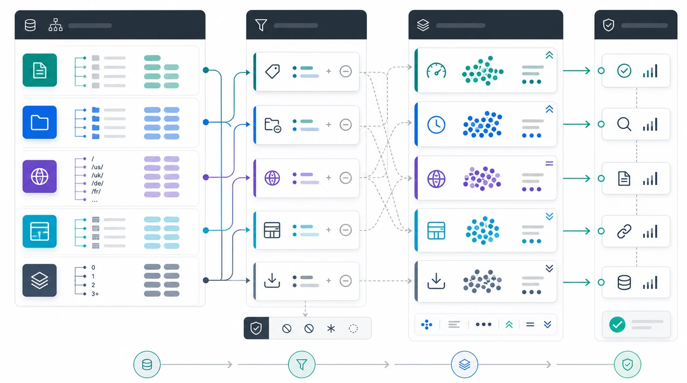 Large website crawl segmentation workflow with URL inventory, filters, crawl batches, and validation outputs