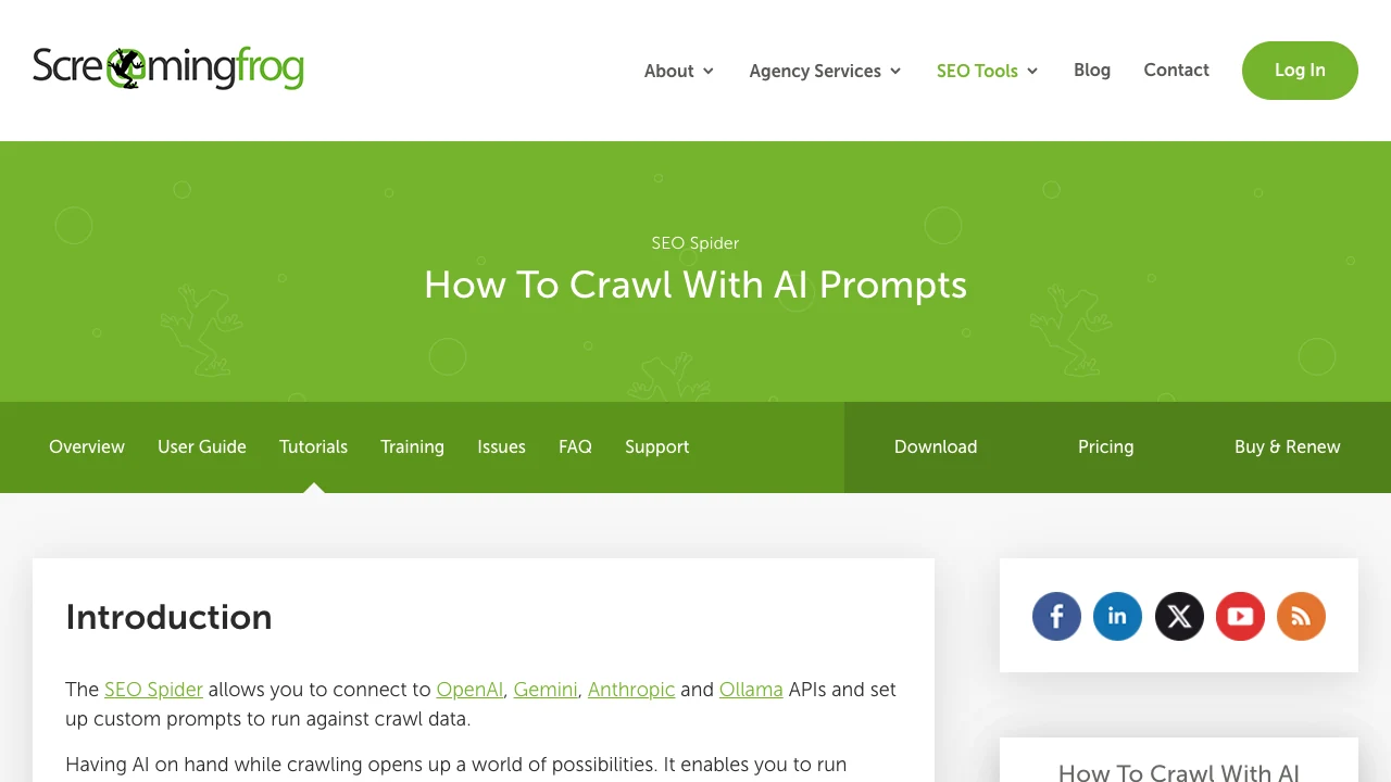 Official Screaming Frog tutorial header introducing API-connected prompts against crawl data