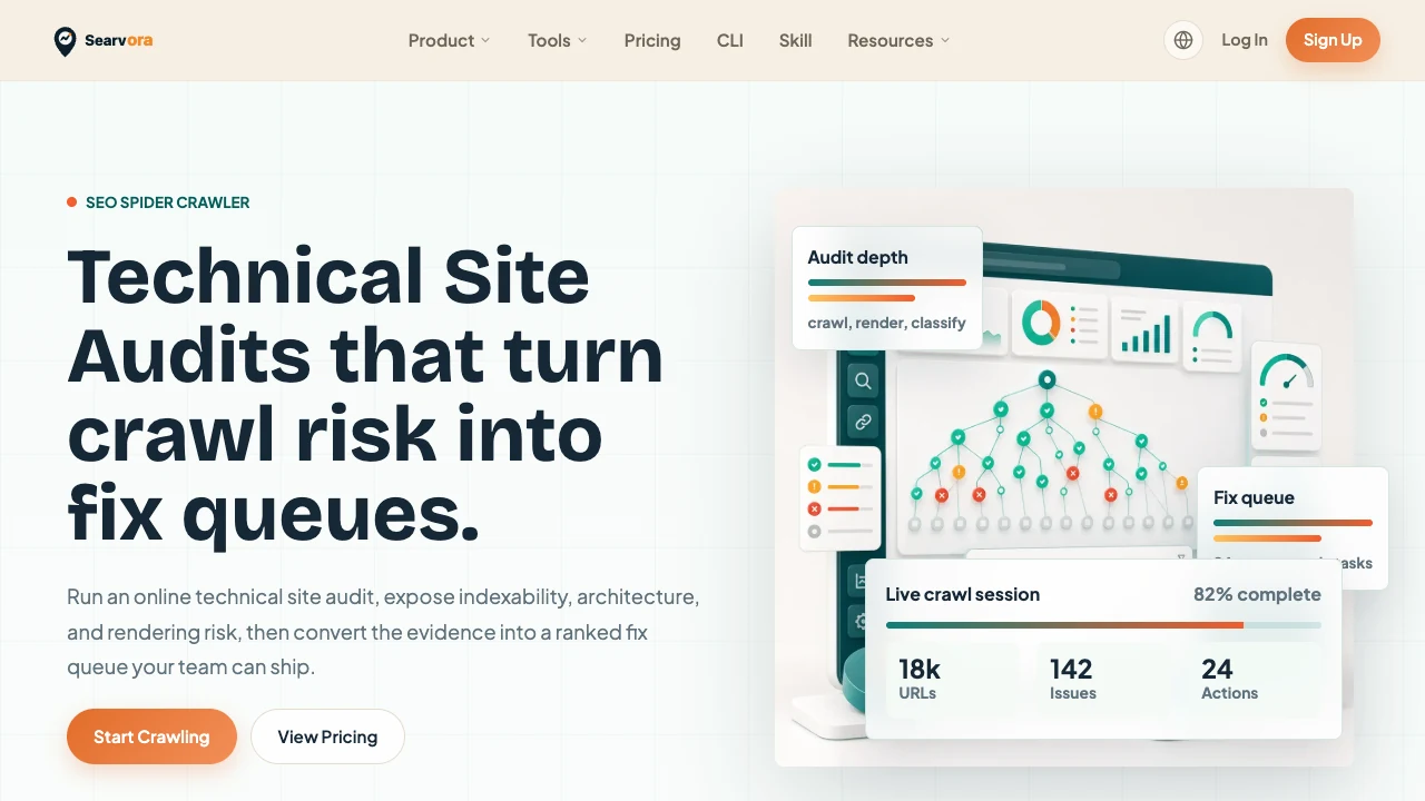 Public Searvora SEO Spider Crawler page showing technical site audits and a crawl-risk fix queue