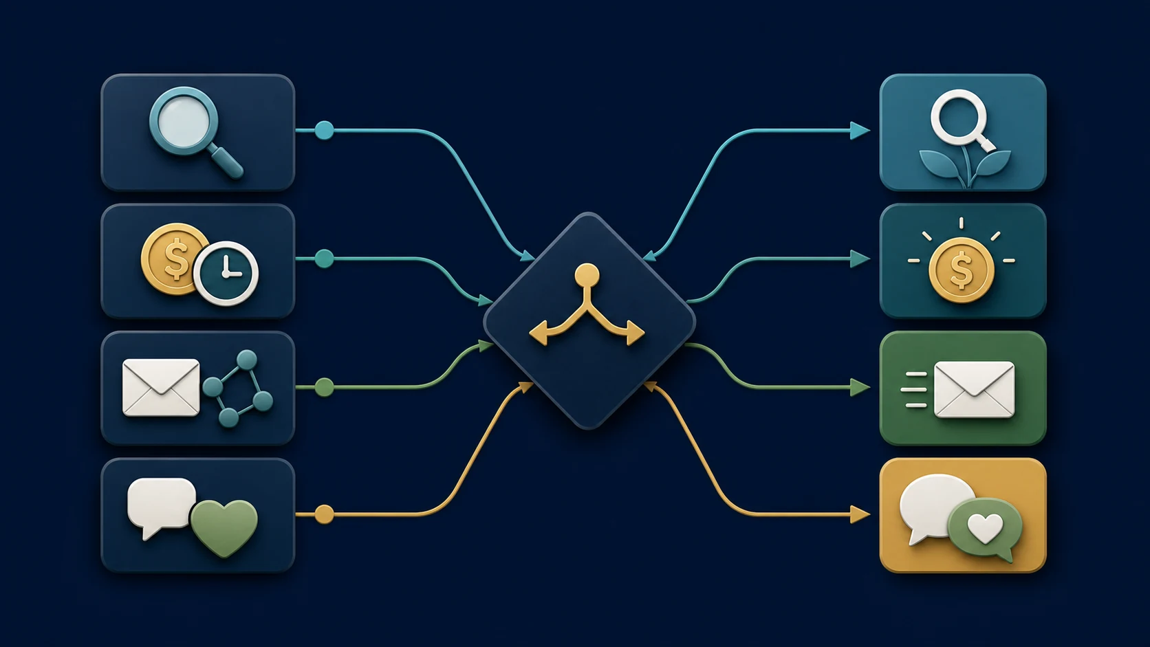Customer-acquisition route selector connecting evidence signals to search, paid reach, direct outreach, and word of mouth