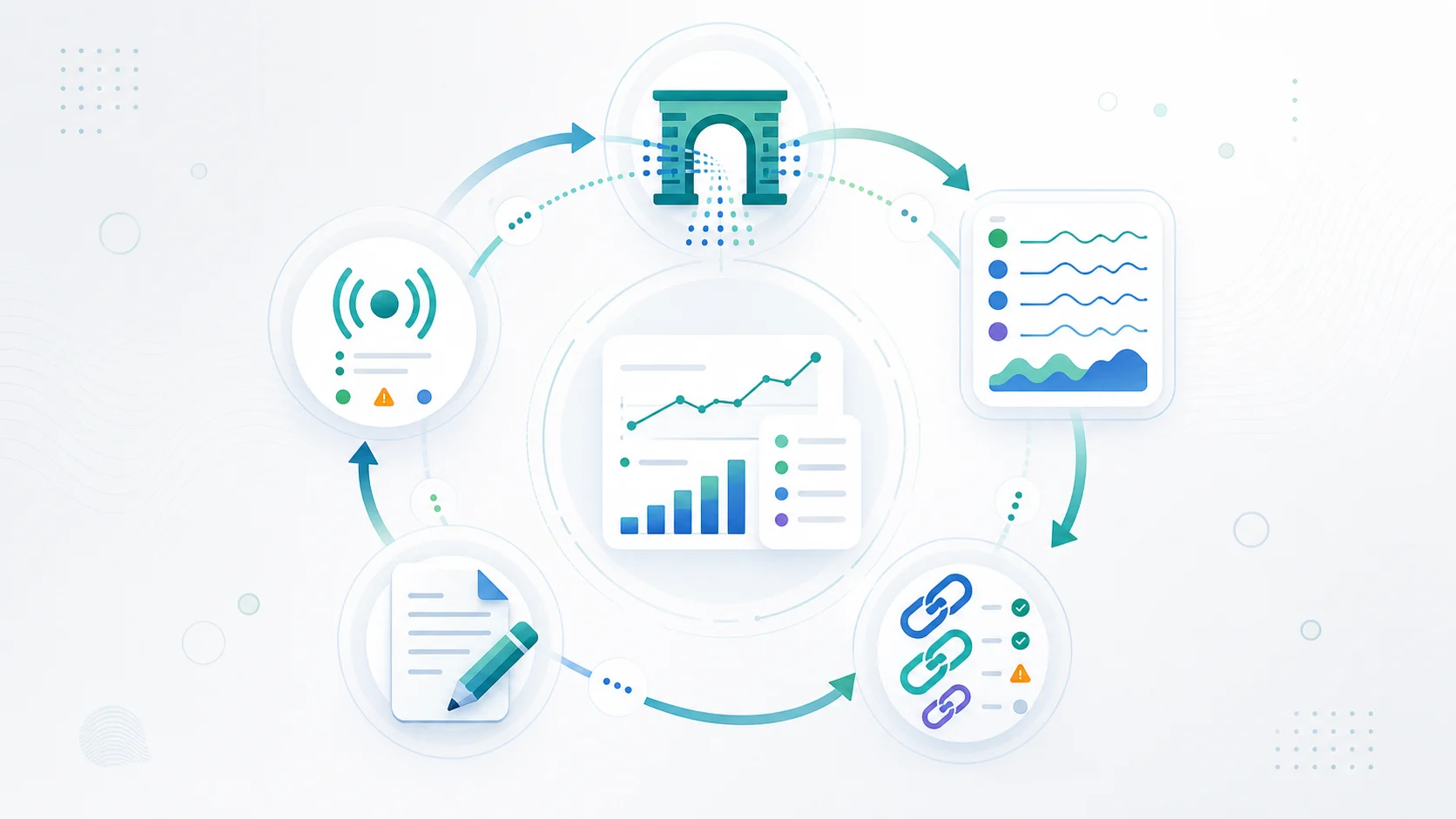 AI Overview validation loop connecting crawl access, performance signals, citation checks, content updates, and monitoring alerts