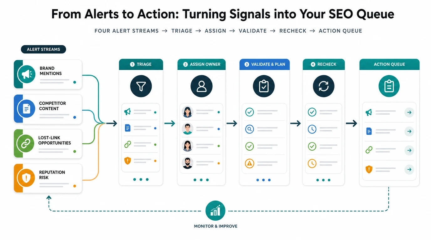 Google Alerts SEO workflow from alert streams to action queue