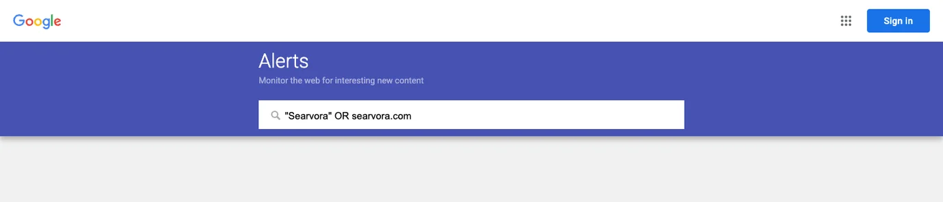 Google Alerts public page with a sample Searvora monitoring query