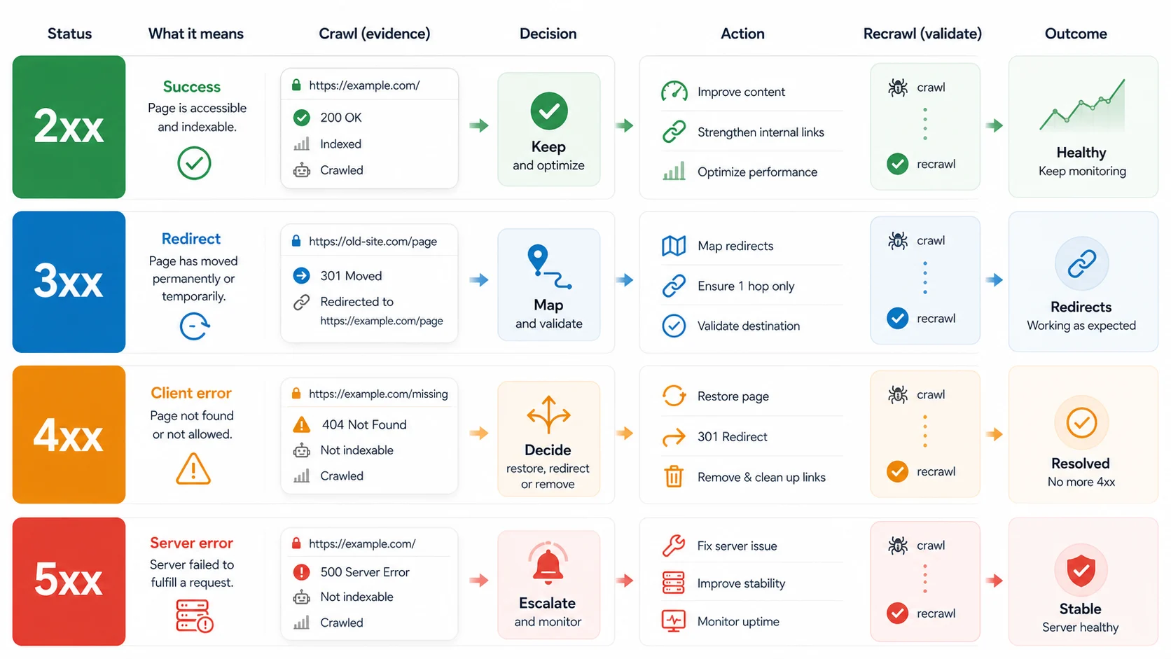 Status code decision matrix for 2xx, 3xx, 4xx, and 5xx crawl outcomes