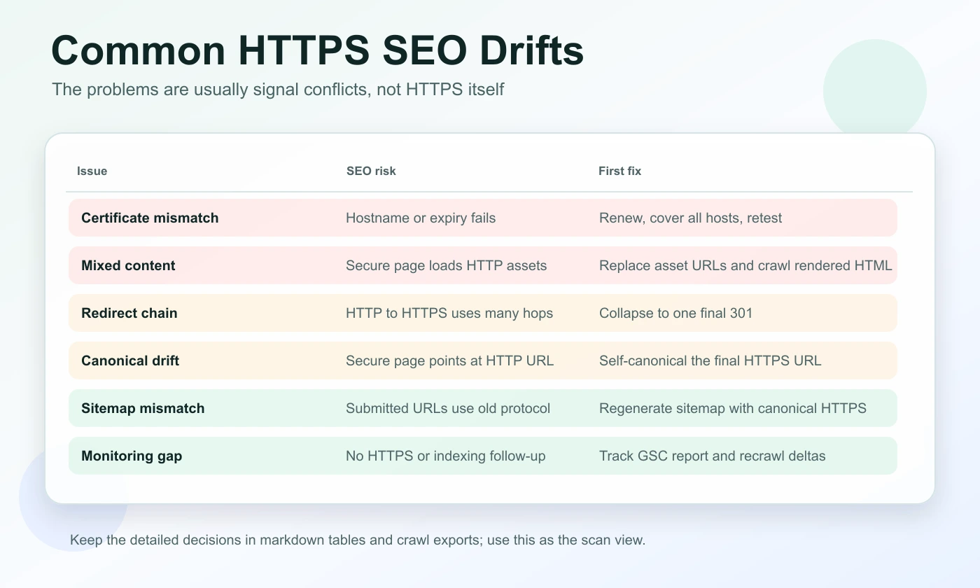 HTTPS SEO issue matrix showing certificates, mixed content, redirects, canonicals, sitemaps, and monitoring checks