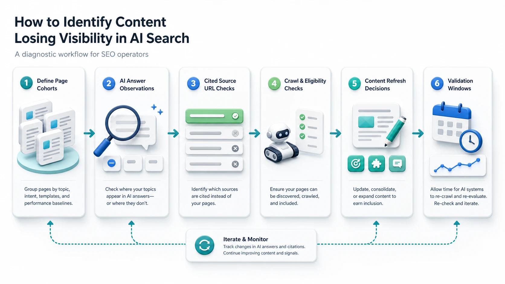 Diagnostic workflow for identifying content losing visibility in AI search from page cohorts to answer observations, cited sources, crawl checks, refresh decisions, and validation windows