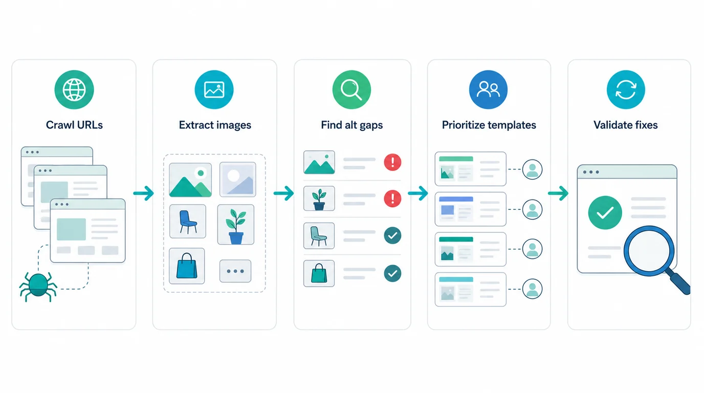 Image alt text checker crawl workflow from URL discovery to image extraction, alt gaps, template priorities, and validation