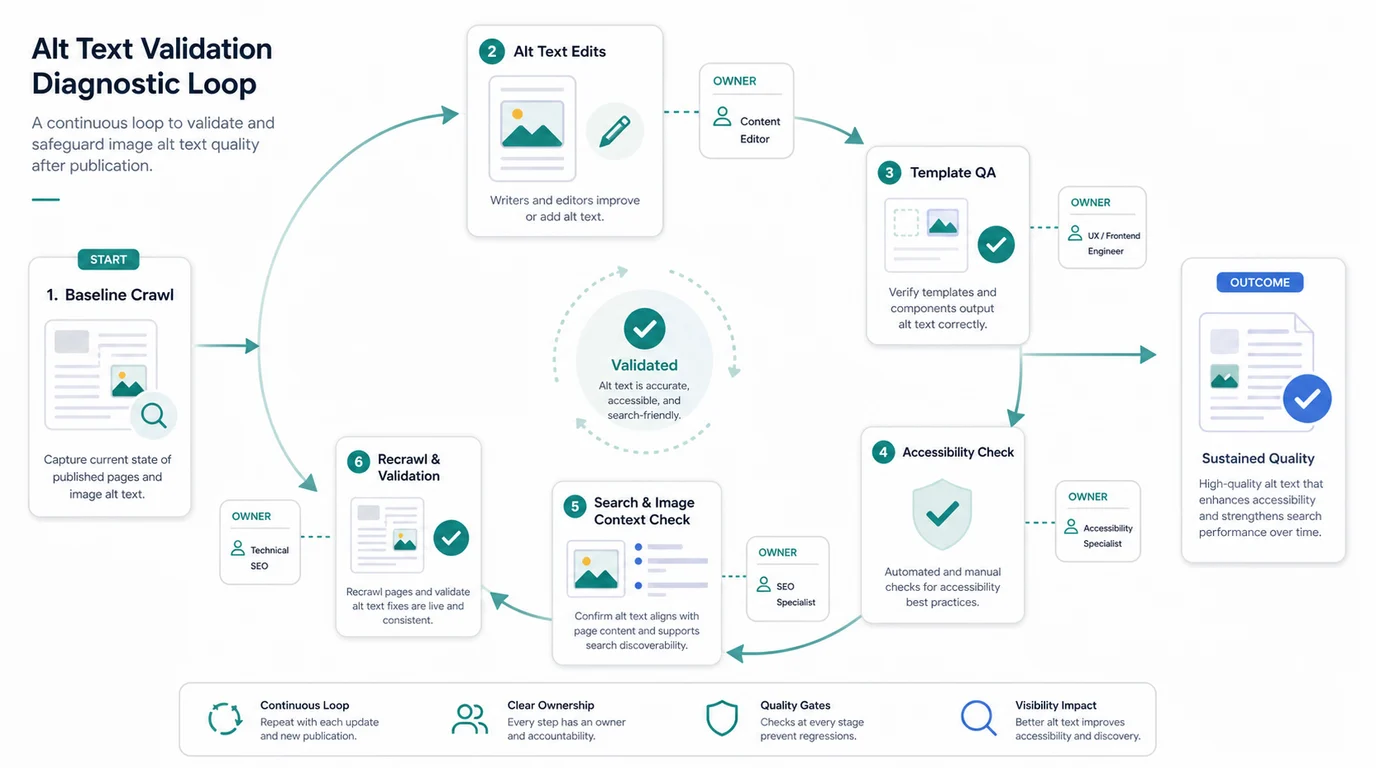 Alt text validation loop from baseline crawl to edits, template QA, accessibility checks, search context review, and recrawl validation