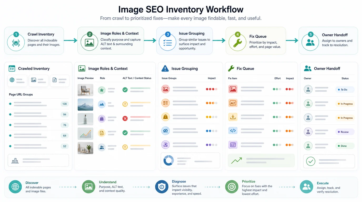 Image SEO inventory workflow from crawl discovery through image roles, issue grouping, fix queue, and owner handoff