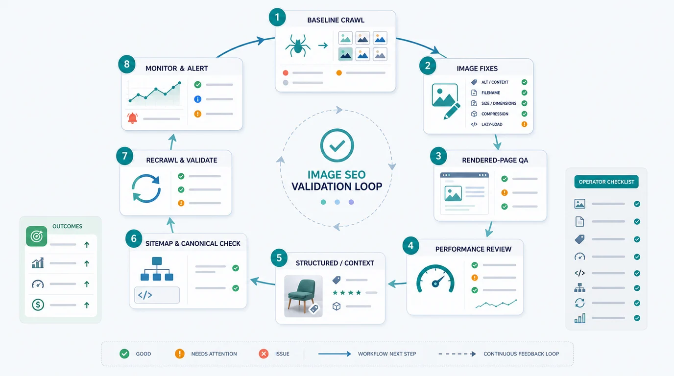 Image SEO validation loop from baseline crawl to image fixes, rendered-page QA, performance review, recrawl, and monitoring