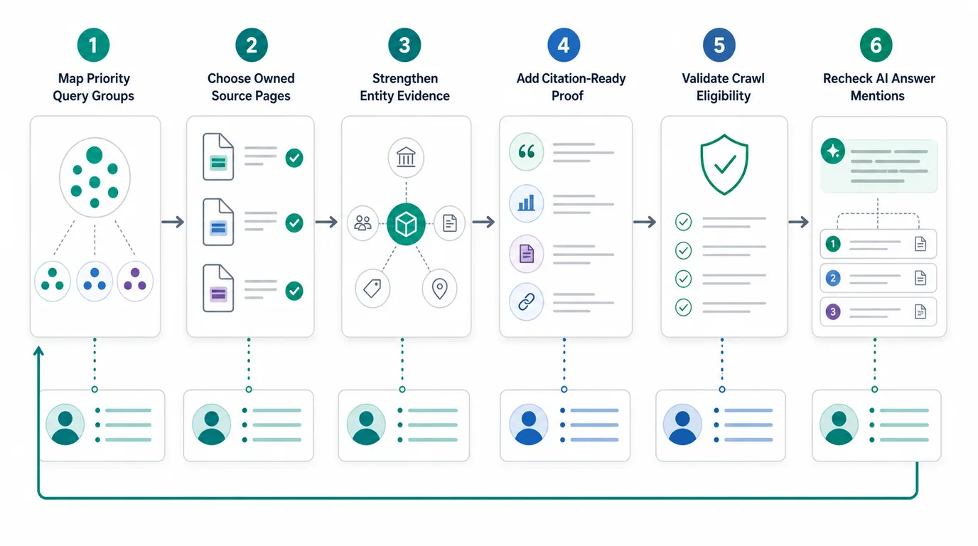 Workflow for improving brand visibility in AI search engines from query groups to source pages and validation