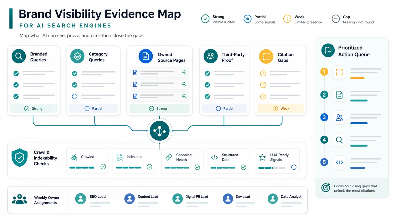 Brand visibility evidence map connecting query groups, source pages, third-party proof, citation gaps, crawl checks, and owner assignments