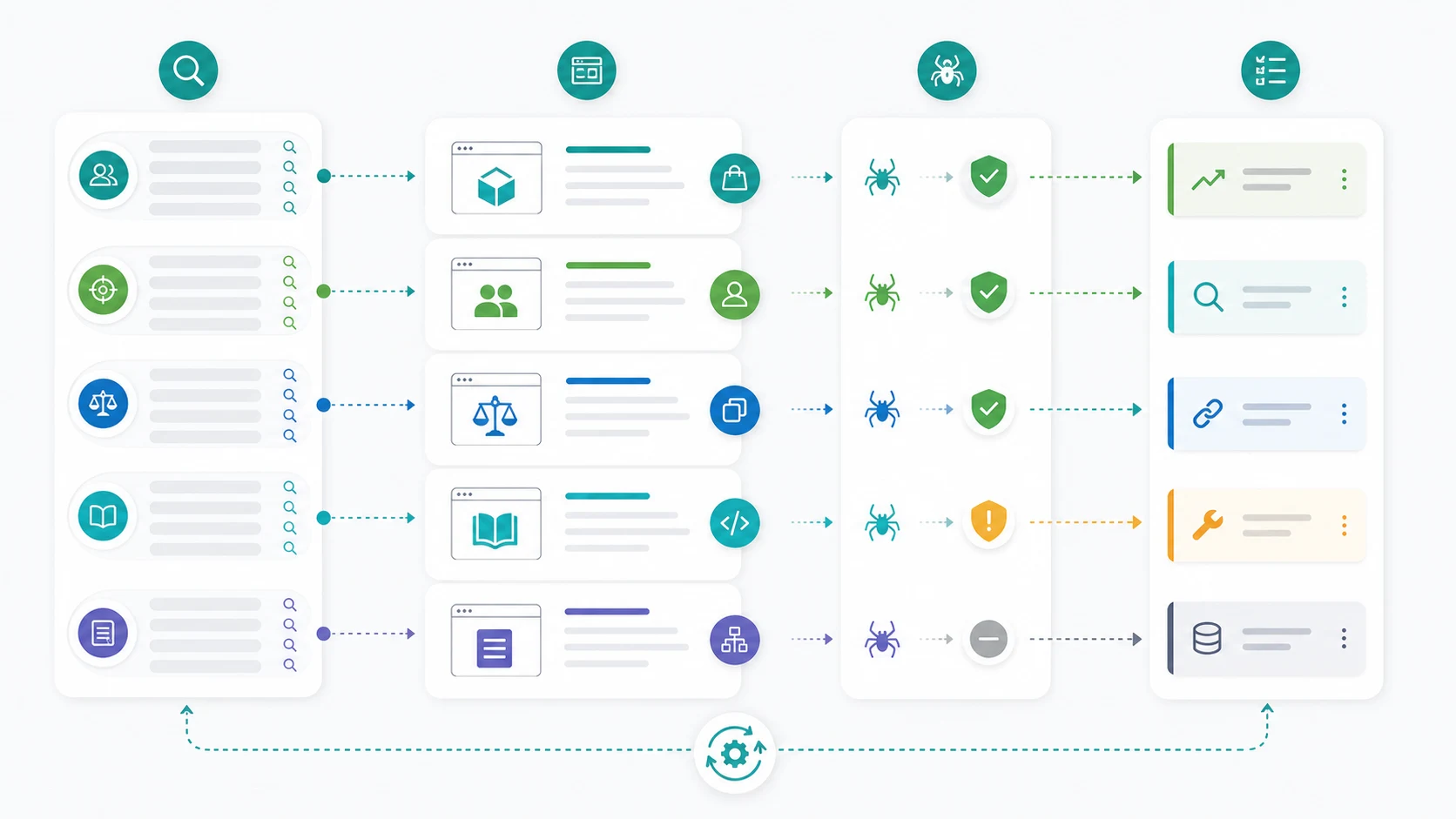 SaaS organic traffic page-type map connecting product, use case, comparison, docs, and article pages to query groups and action queues