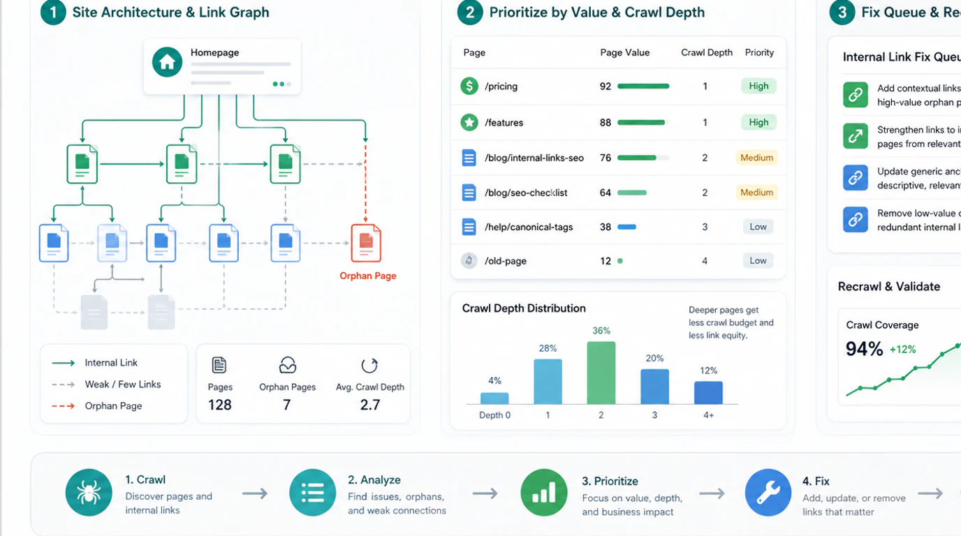 An internal link audit map from crawl inventory to link graph, priority pages, fixes, and validation