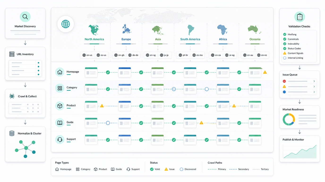 A market URL inventory workflow for international SEO with page-type lanes, region clusters, crawl paths, and validation markers