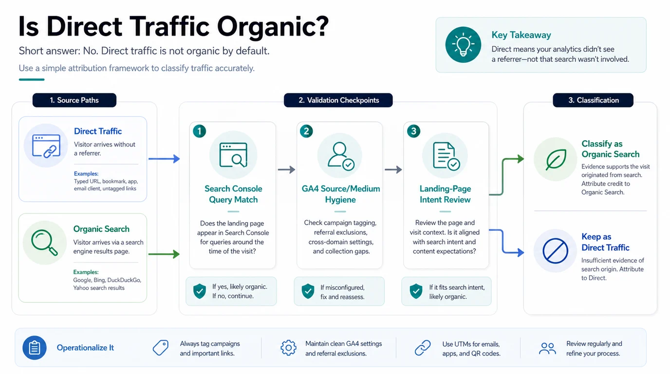 Attribution decision flow separating direct traffic and organic search before Search Console and landing-page validation