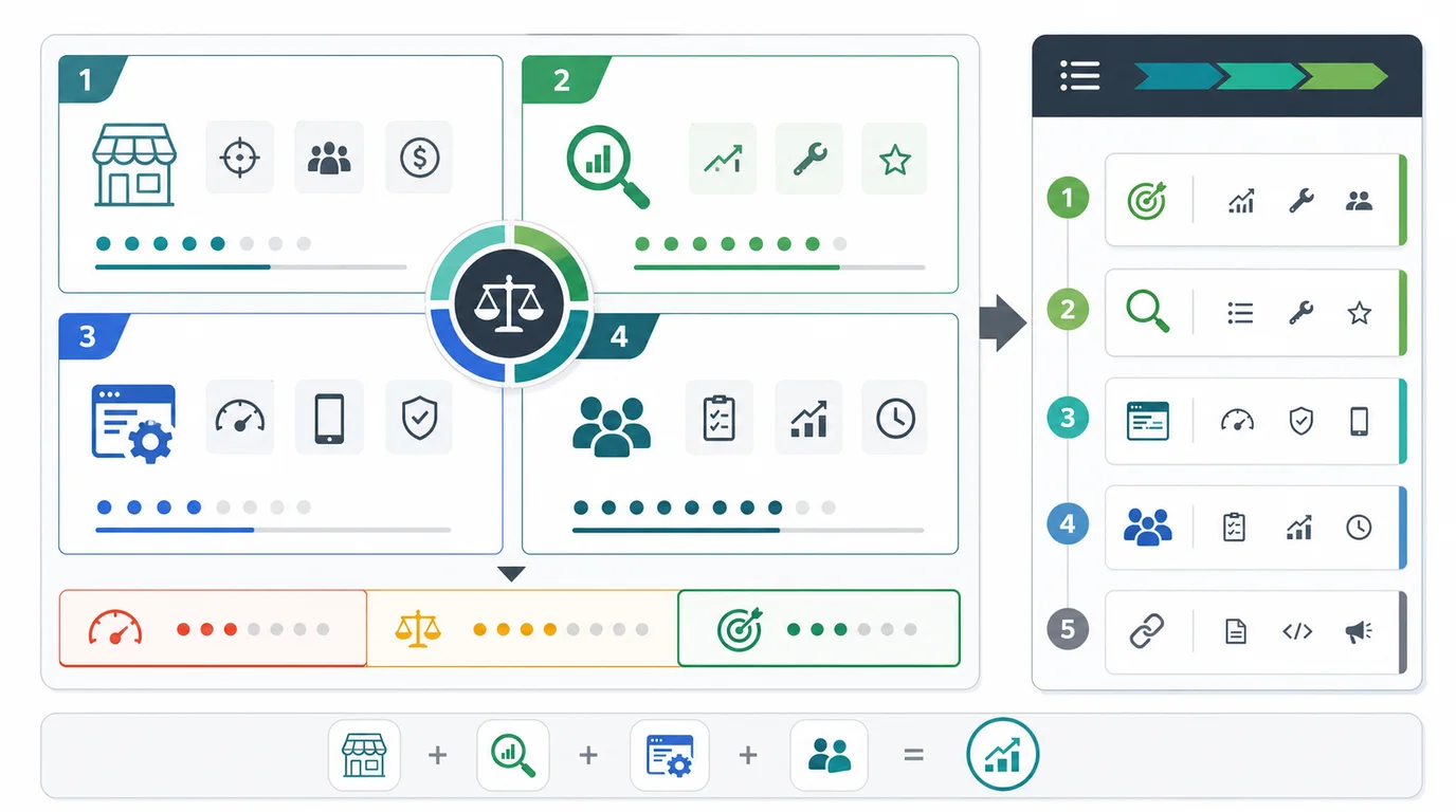 SEO worth it decision matrix connecting business model fit, search demand, site readiness, and execution capacity to a priority queue
