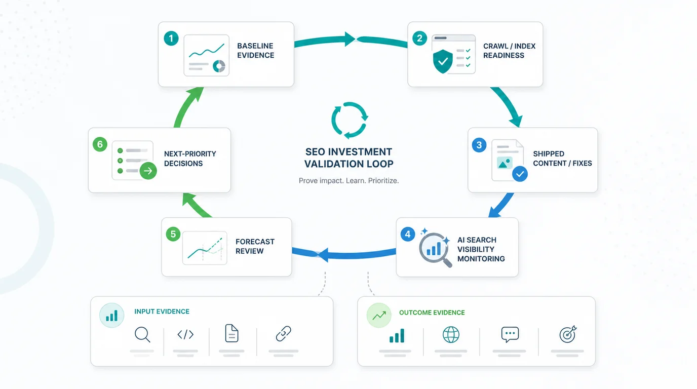 SEO investment validation loop from baseline evidence to crawl readiness, shipped fixes, AI visibility monitoring, forecast review, and next priorities