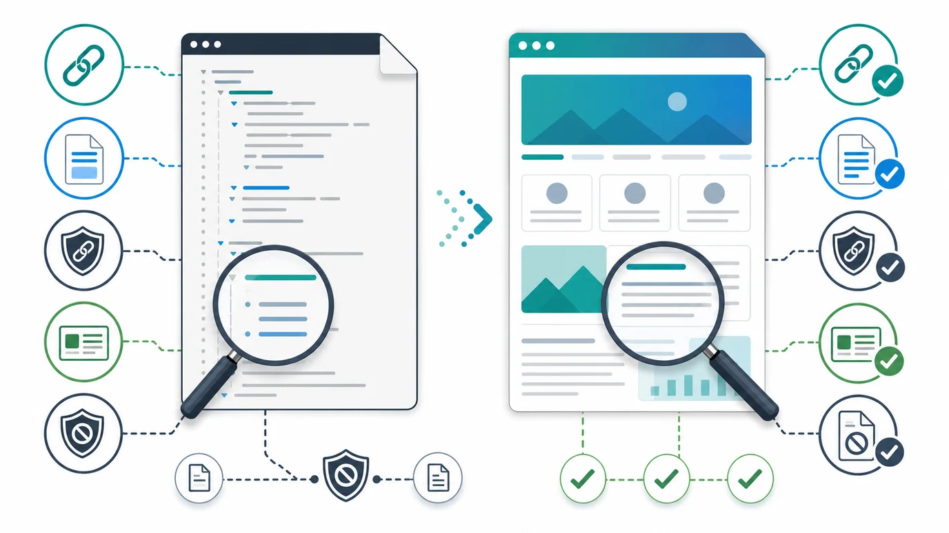Raw HTML and rendered DOM comparison for JavaScript SEO checks