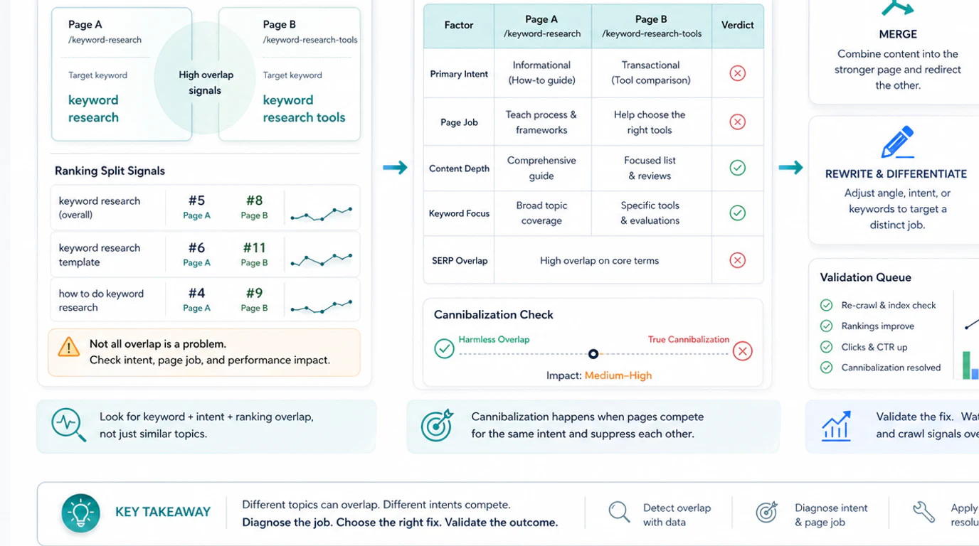 A keyword cannibalization decision map showing same keyword, page type, and user task checks