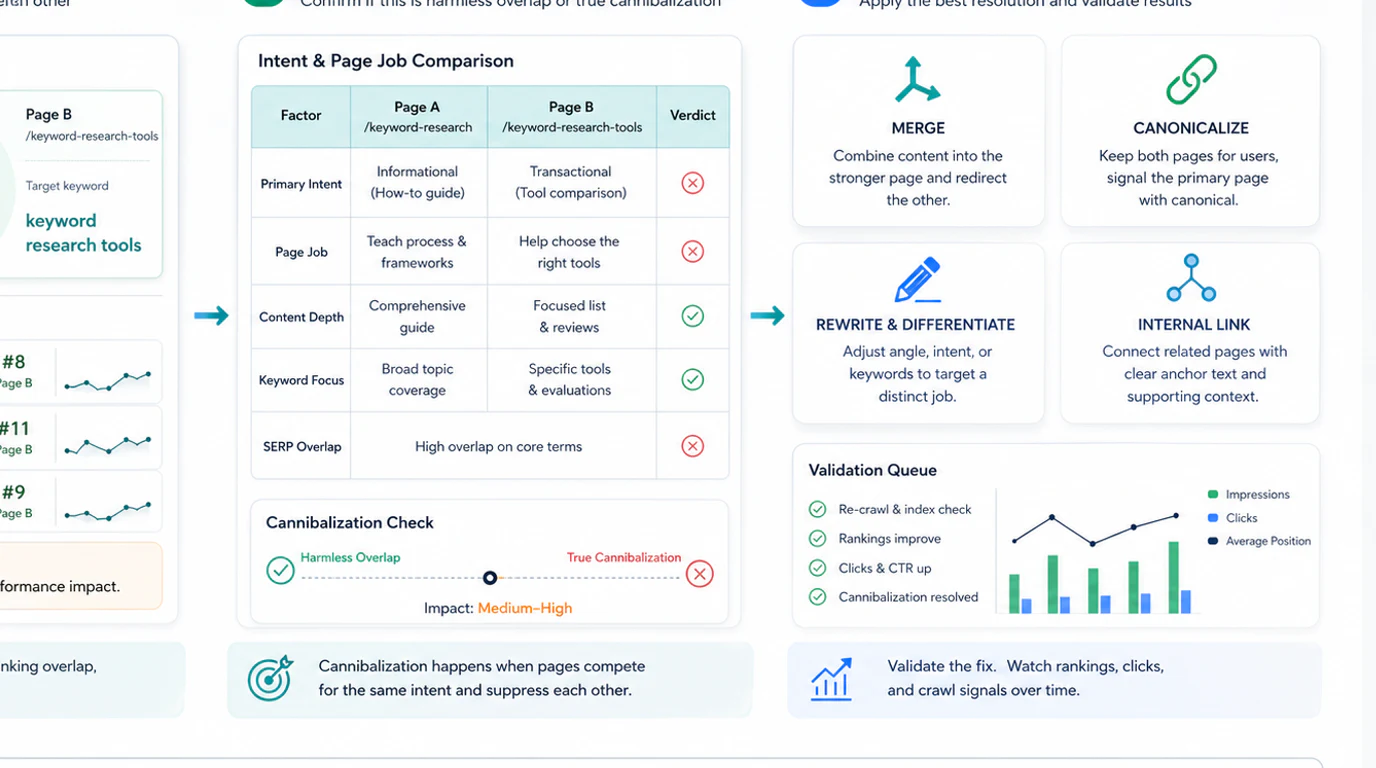 A keyword cannibalization fix flow showing merge, re-target, canonicalize, or deindex choices