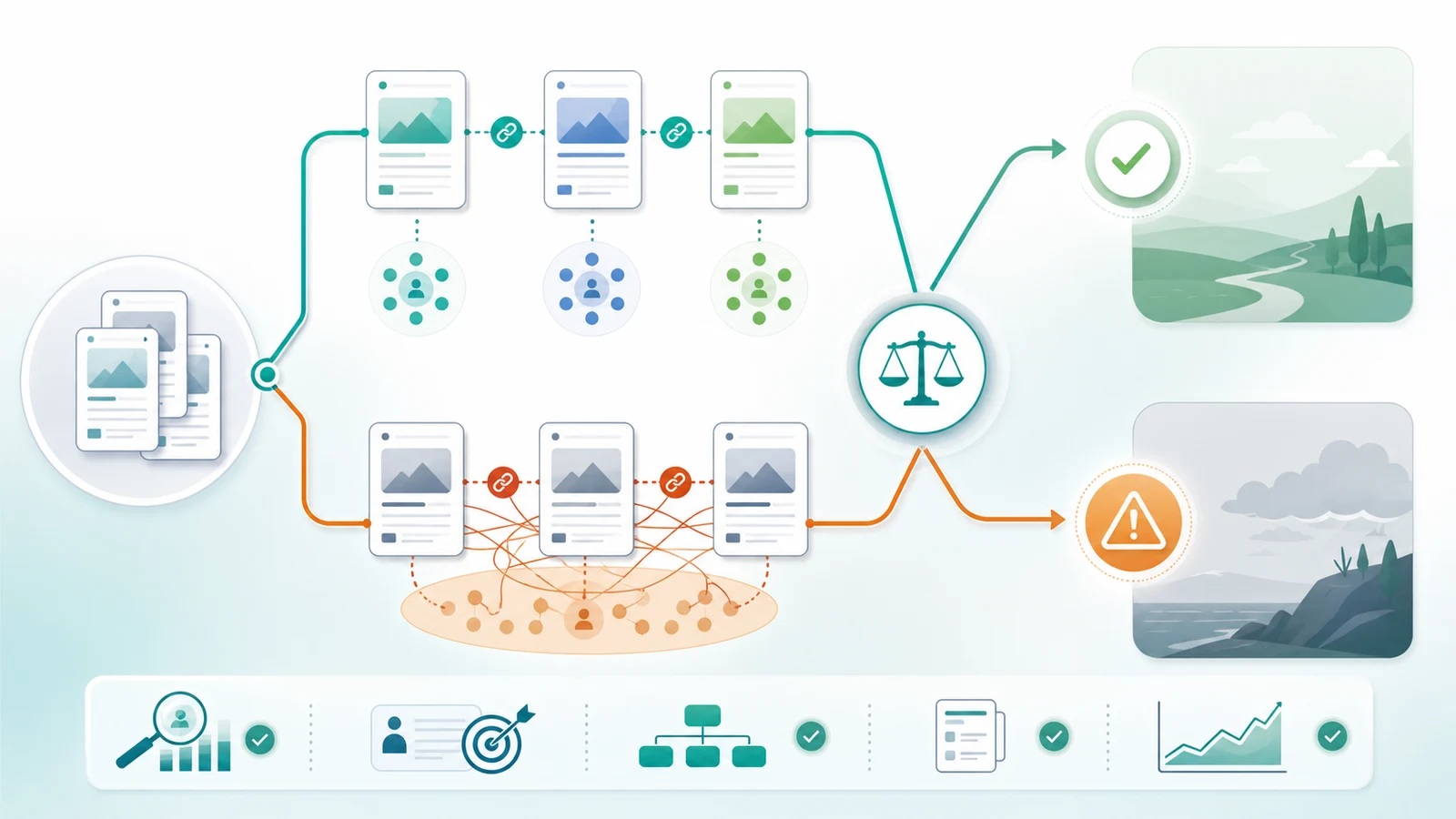 Decision map separating healthy keyword diversification from cannibalization risk