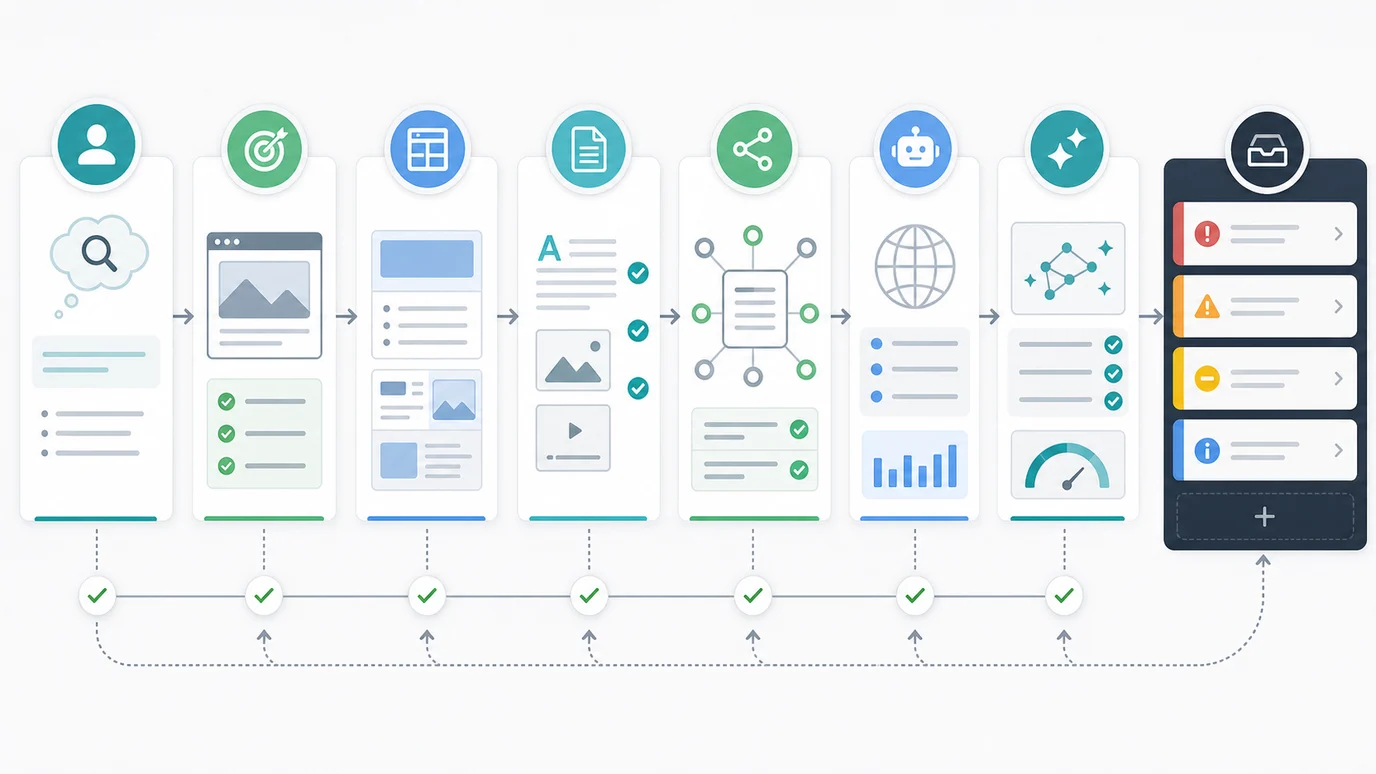Keyword relevance decision flow from searcher need to page job, page type, signals, crawl validation, and fix queue