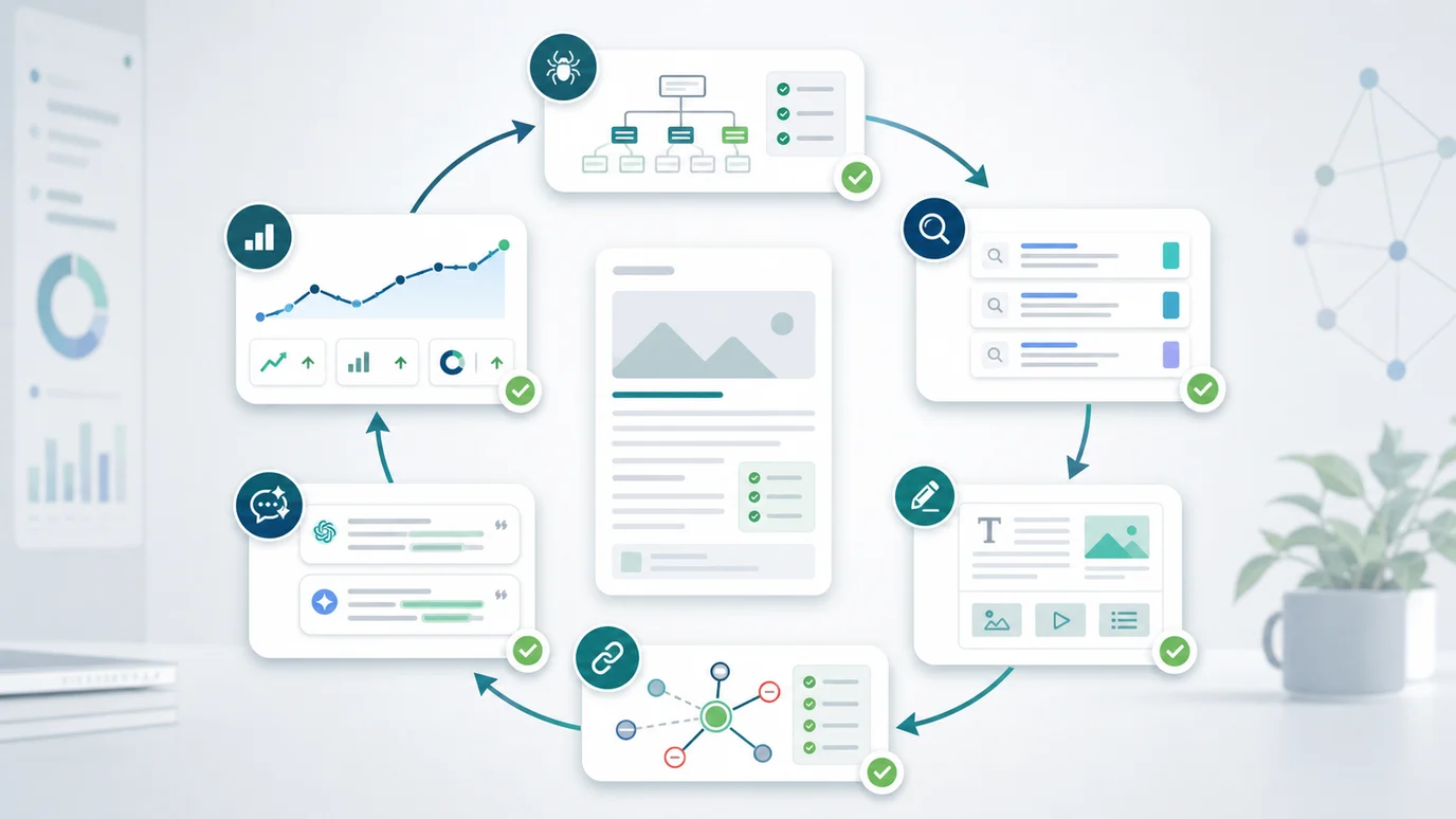 Keyword relevance validation loop connecting crawl evidence, page intent review, content fixes, internal links, AI citations, and performance measurement