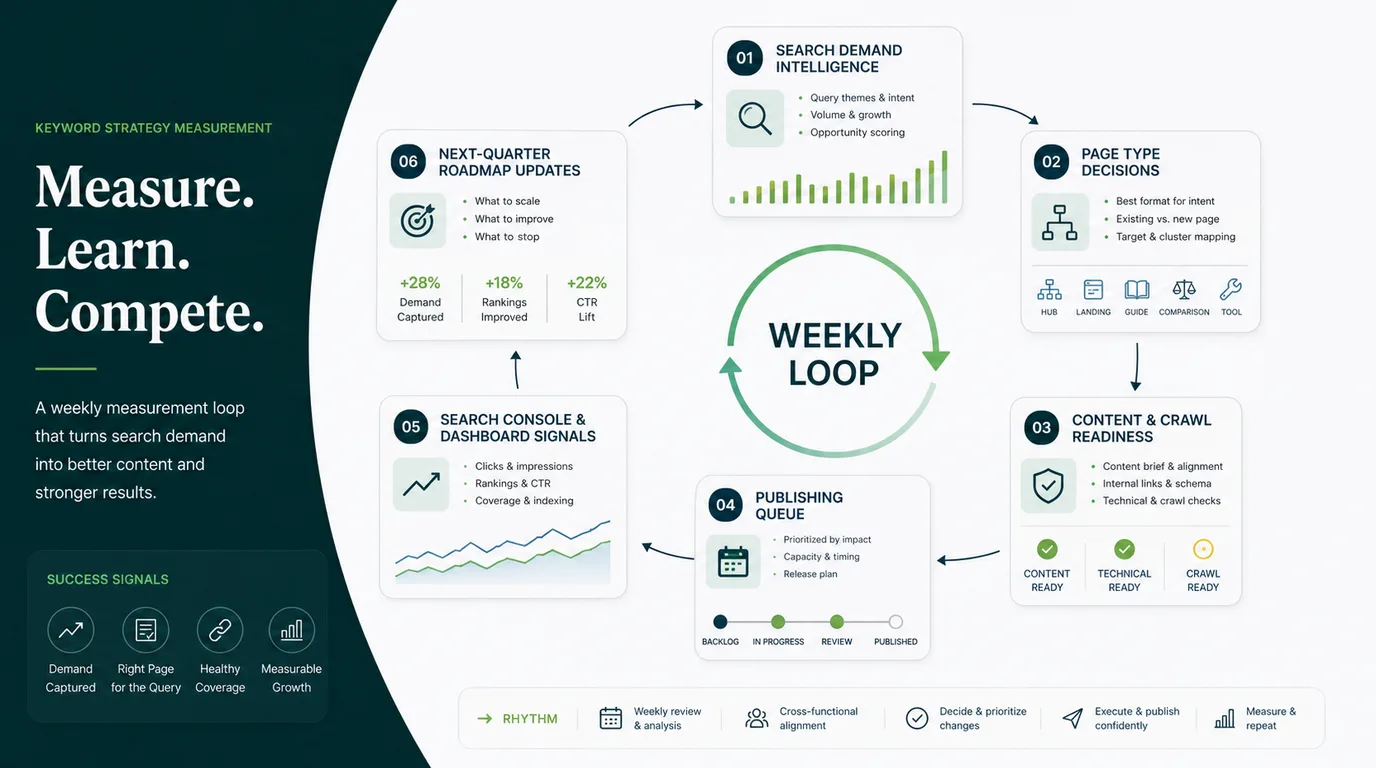 Keyword strategy measurement loop from search demand to page decisions, crawl readiness, publishing queue, dashboard signals, and roadmap updates