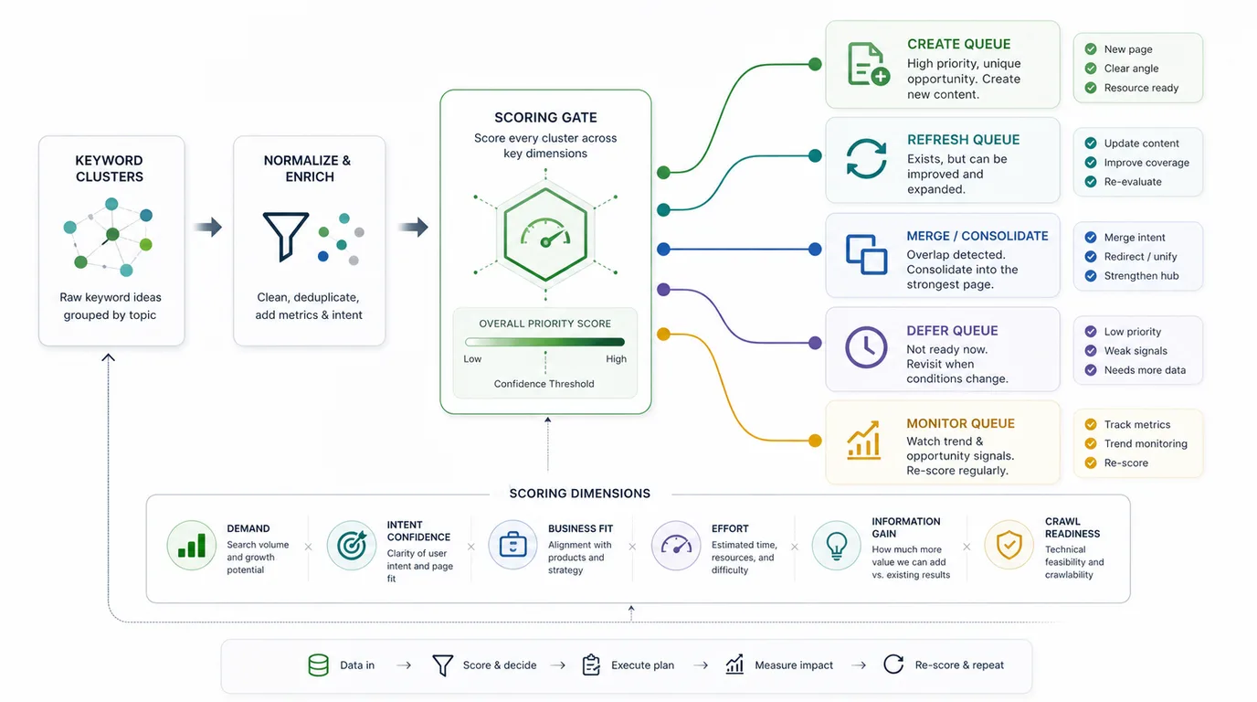 Keyword strategy scoring gate that routes clusters into create, refresh, merge, defer, and monitor queues