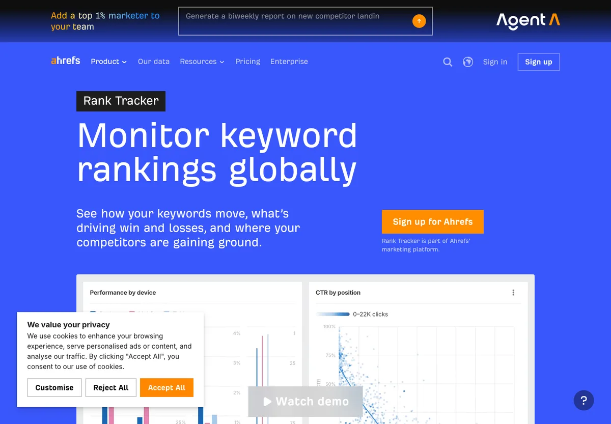 Ahrefs Rank Tracker official product page screenshot