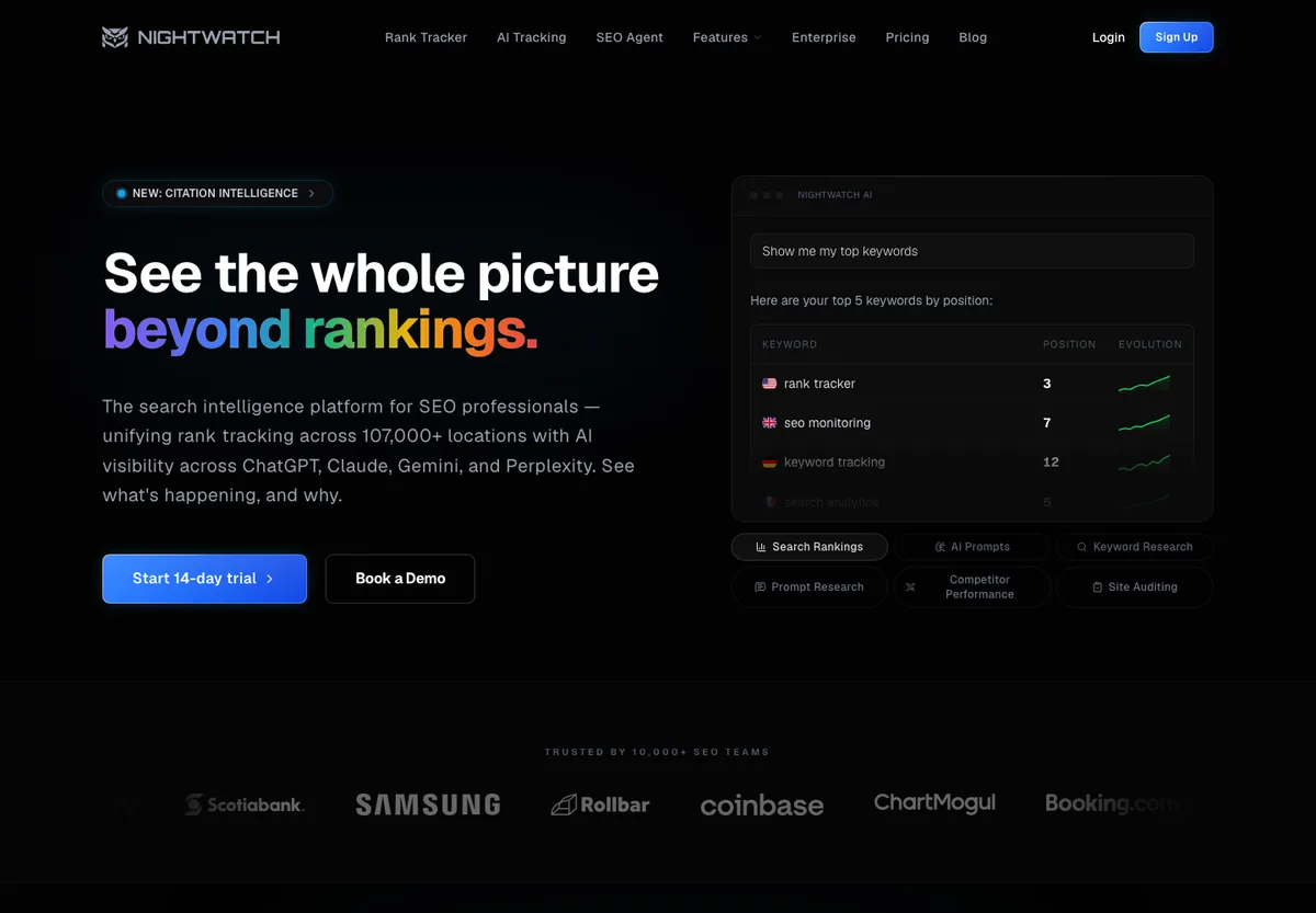 Nightwatch official homepage screenshot showing search intelligence and AI visibility positioning