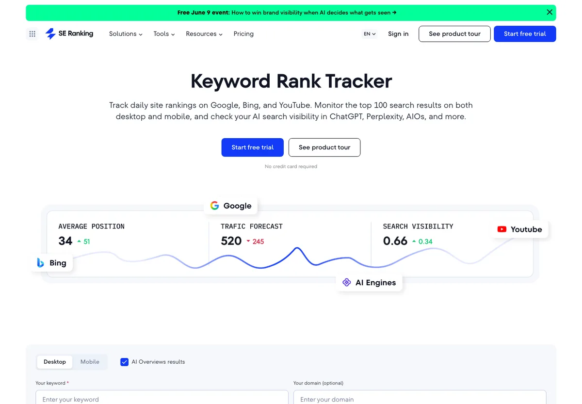 SE Ranking Position Tracking official product page screenshot