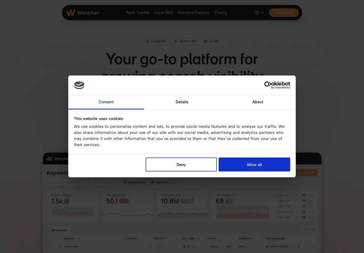 Wincher official homepage screenshot for search visibility and keyword monitoring