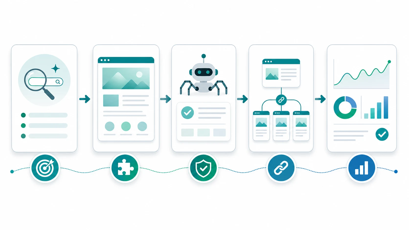 Landing page organic traffic workflow from search intent to page match, crawl eligibility, supporting links, and validation