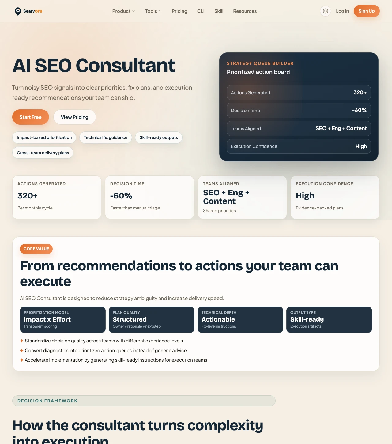 Locally rendered Searvora AI SEO Consultant page showing prioritization and action-planning evidence