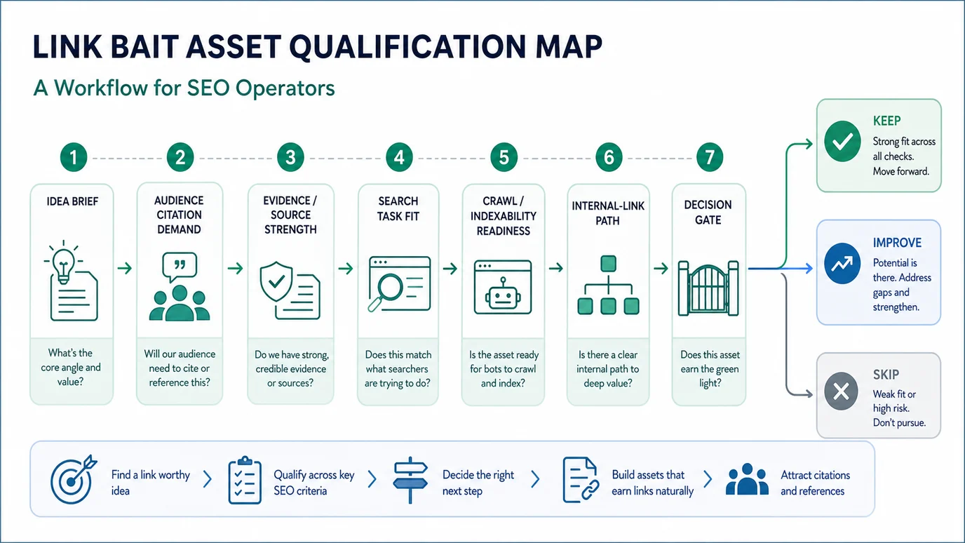Link bait asset qualification map from idea brief to audience demand, evidence strength, crawl readiness, internal links, and keep, improve, or skip decision